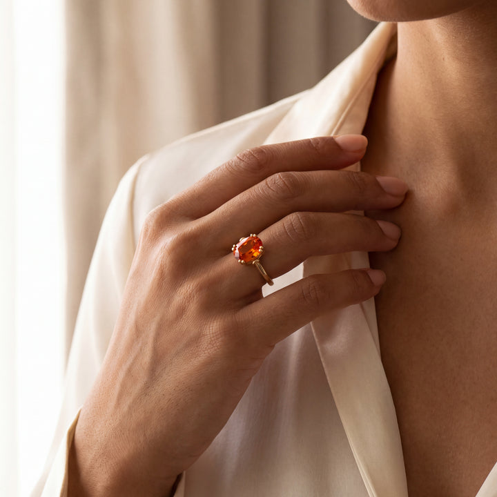 Estate 14KT Yellow Gold Oval Synthetic Orange Sapphire Solitaire Ring