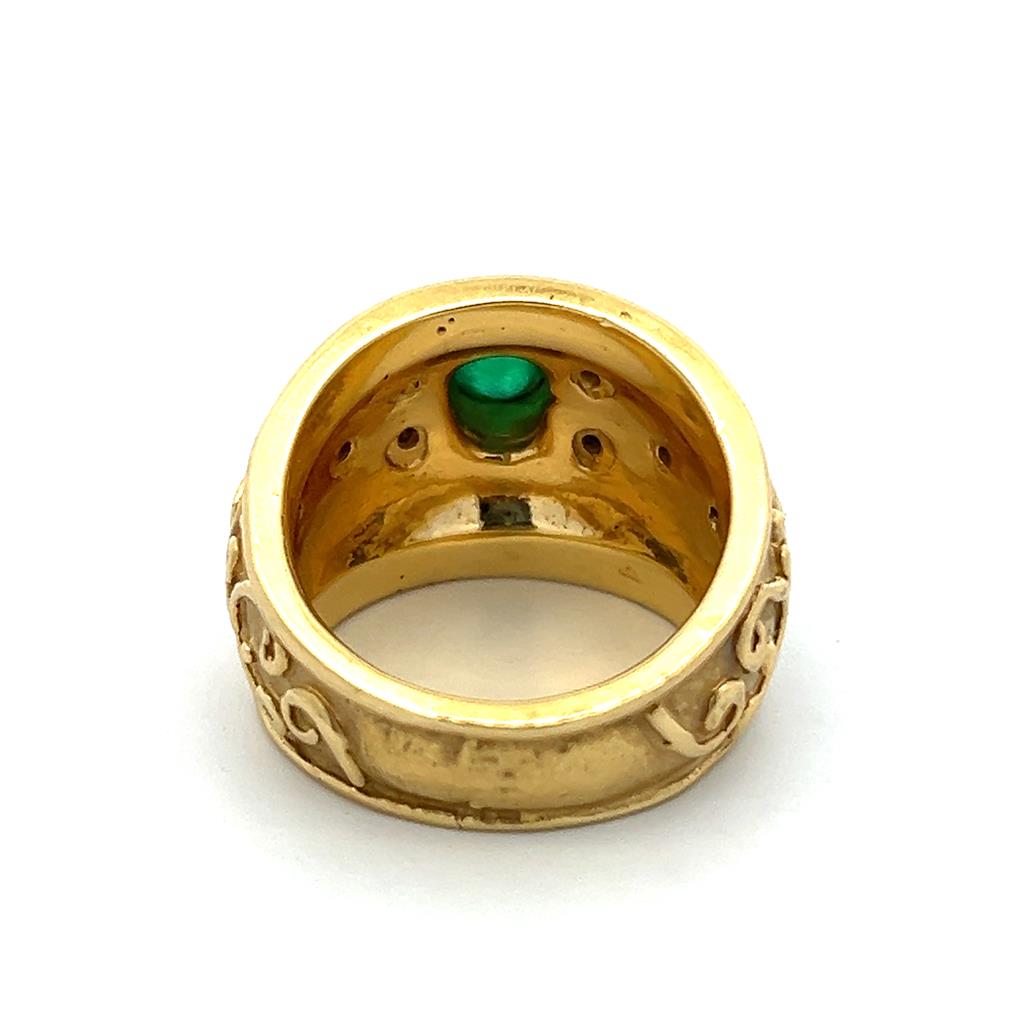 Estate 18K Yellow Gold 1.25ctw Oval Emerald & Diamond Scroll Ring