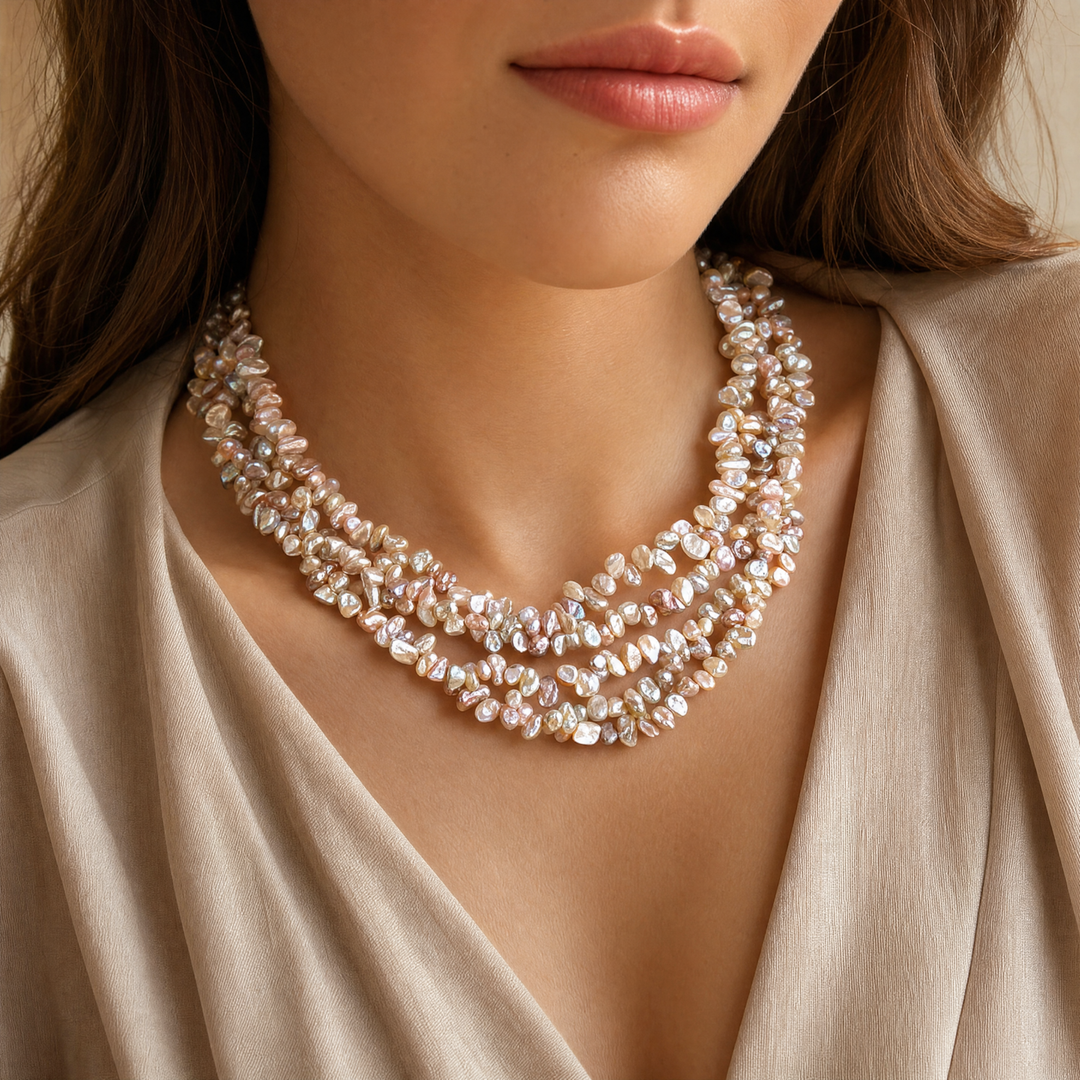 Estate Stainless Steel Multi-Color Keshi Pearl Five-Strand Necklace