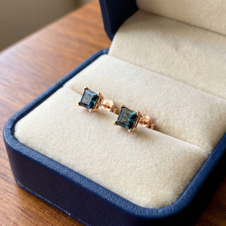 Estate 14K Yellow Gold 1.84TCW Princess-Cut Synthetic Alexandrite Stud Earrings