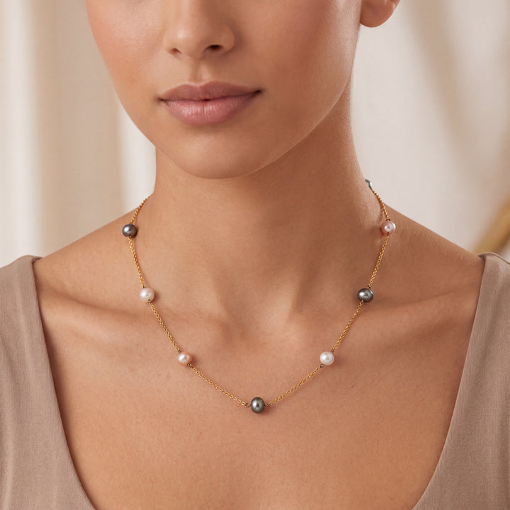 Estate 14K Yellow Gold Multi-Color Cultured Pearl Tin Cup Necklace