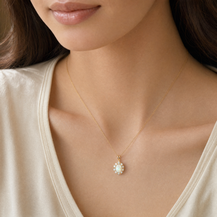 Estate 14K Yellow Gold Oval & Round Cabochon Opal Halo Pendant