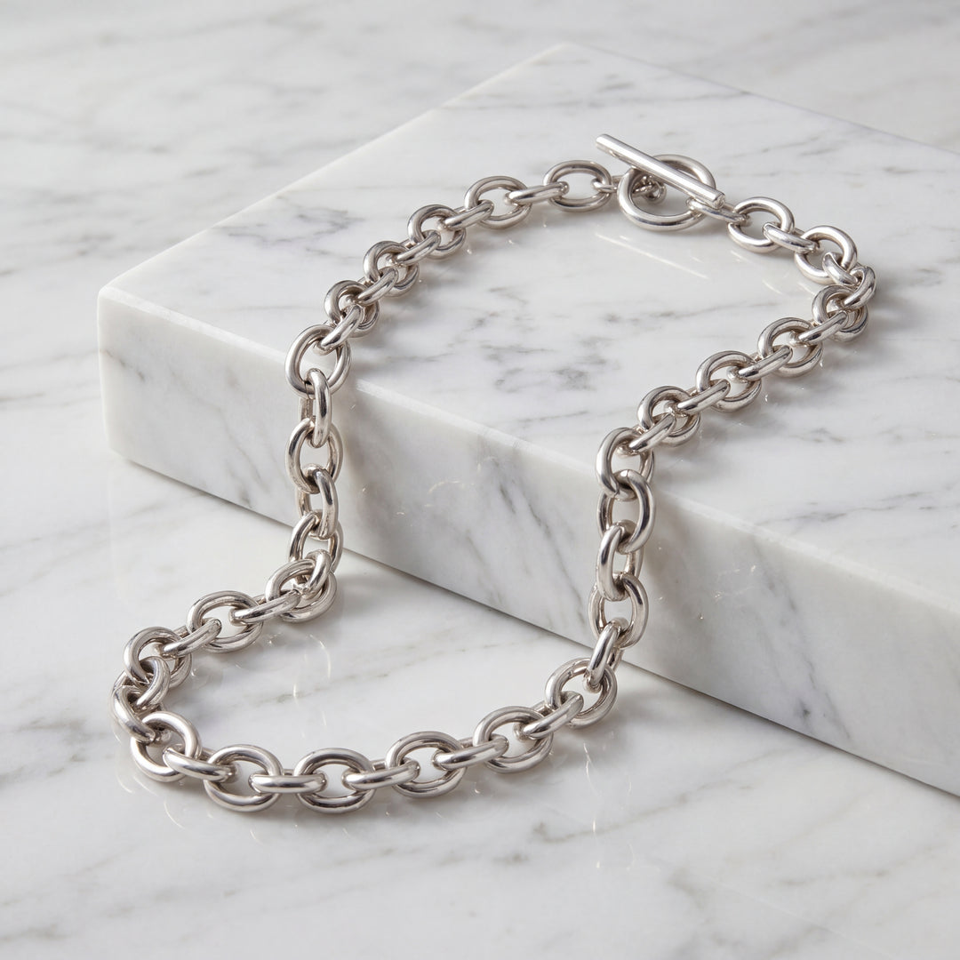 Estate Sterling Silver 8.12MM Cable Chain Necklace with Toggle Clasp, 16"