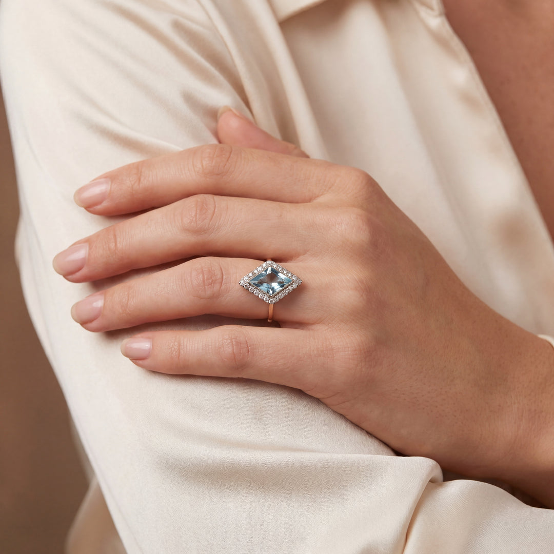 Estate 18K & Platinum Lozenge Aquamarine & Diamond Halo Edwardian Ring by Tiffany & Co.