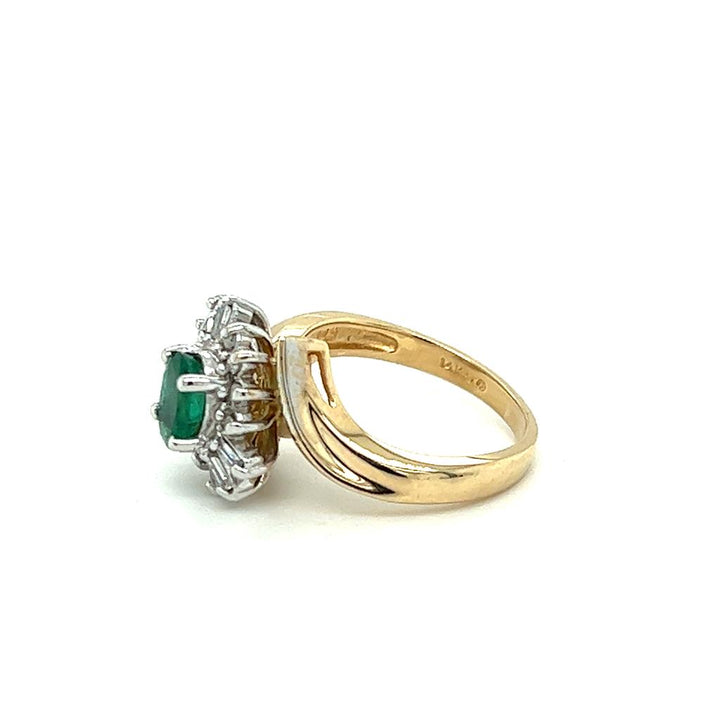 Estate 14K Two Tone Gold Oval Emerald & Diamond Halo Bypass Ring