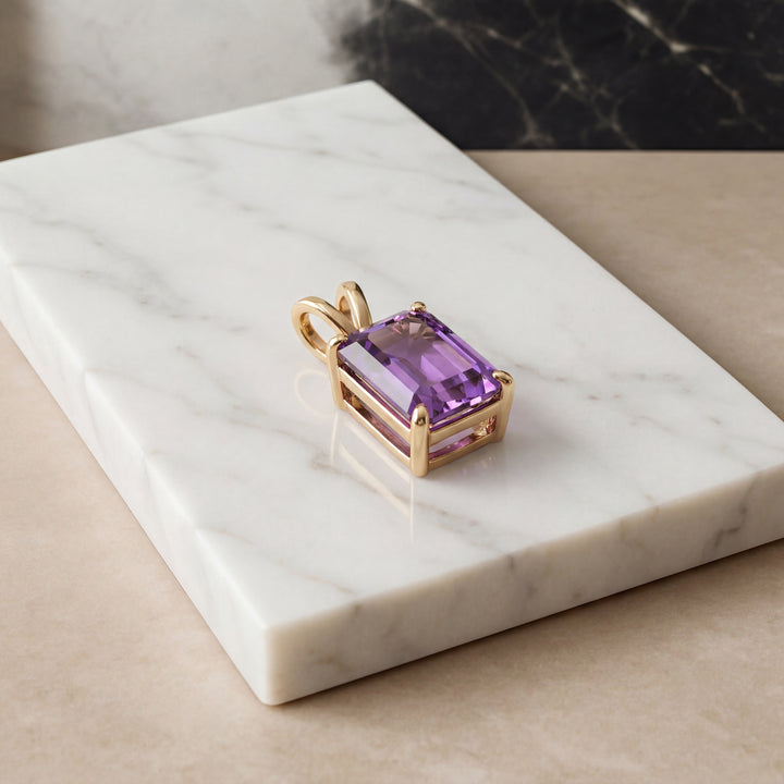Estate 14K Yellow Gold 3.06CTW Emerald-Cut Amethyst Solitaire Pendant