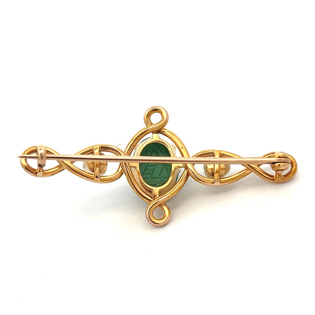 Estate 10K Yellow Gold Turquoise Scarab & Pearl Egyptian Revivanl Antique Pin