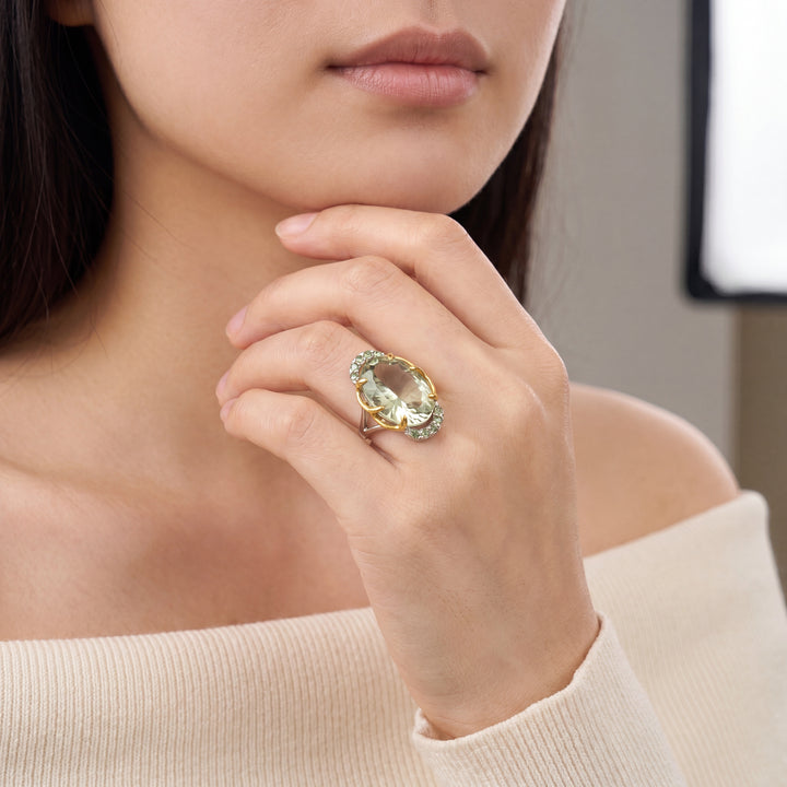 Estate Sterling Silver & 18K Gold Plated Fantasy Cut Prasiolite & Green Sapphire Ring