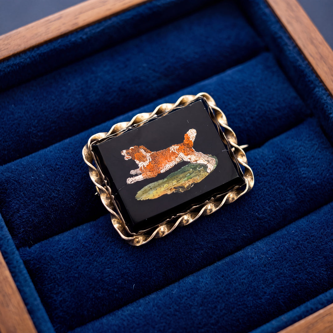 Estate Victorian 14K Yellow Gold Black Onyx Micro-Mosaic Spaniel Dog Brooch