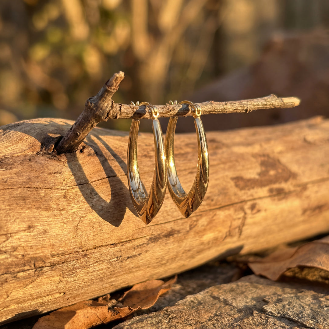 Estate 14K Yellow Gold Textured Pointed Hoop Earrings