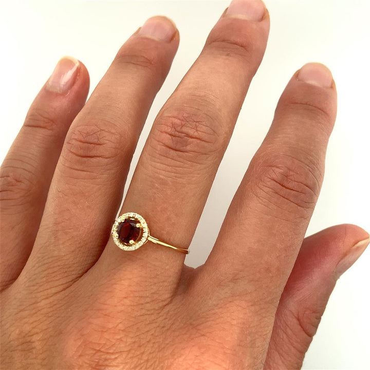 14K Yellow Gold 0.66ctw Round Garnet & Diamond Halo Ring