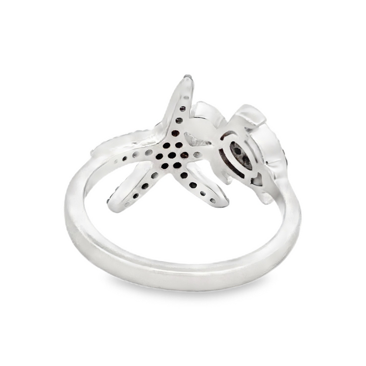 Estate Sterling Silver Turtle and Starfish Irradiated Blue Diamond Ring