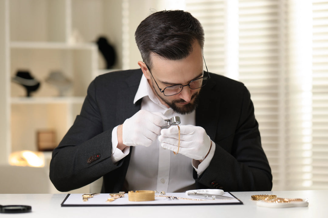 A professional jewelry appraiser in a black suit and white shirt, wearing white gloves and glasses, examines a delicate gold chain under a magnifying light at a jewelry desk.