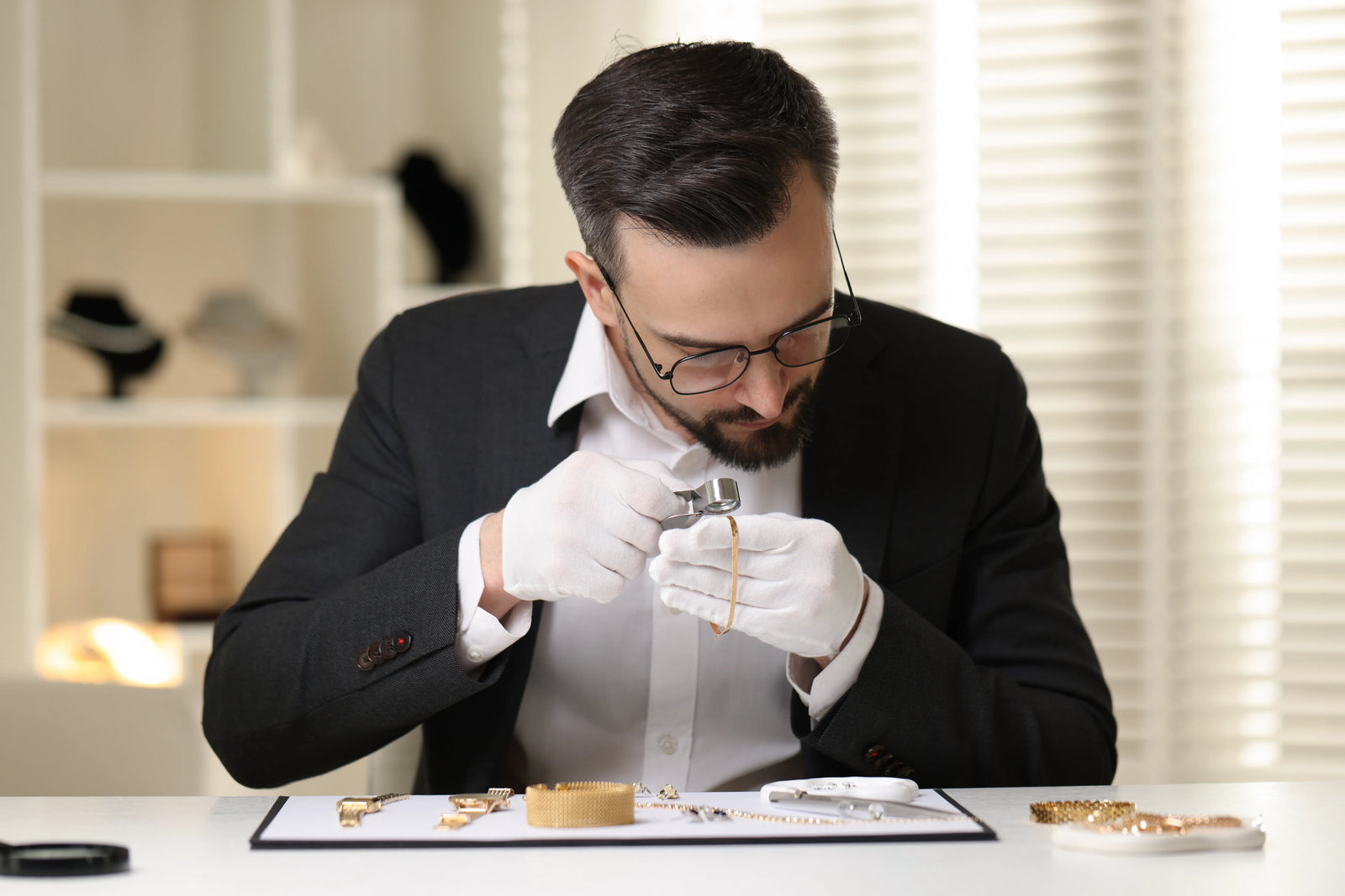 A professional jewelry appraiser in a black suit and white shirt, wearing white gloves and glasses, examines a delicate gold chain under a magnifying light at a jewelry desk.