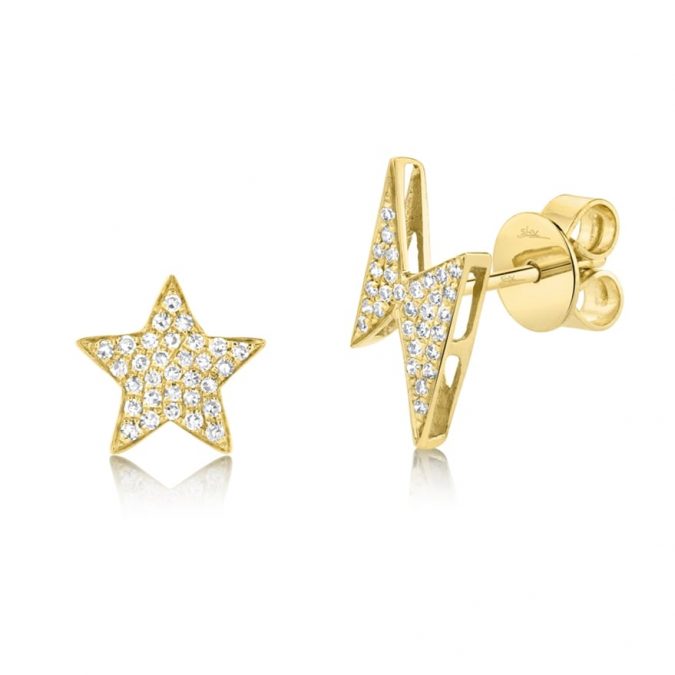 Star and Lightning Diamond Earrings in Yellow Gold