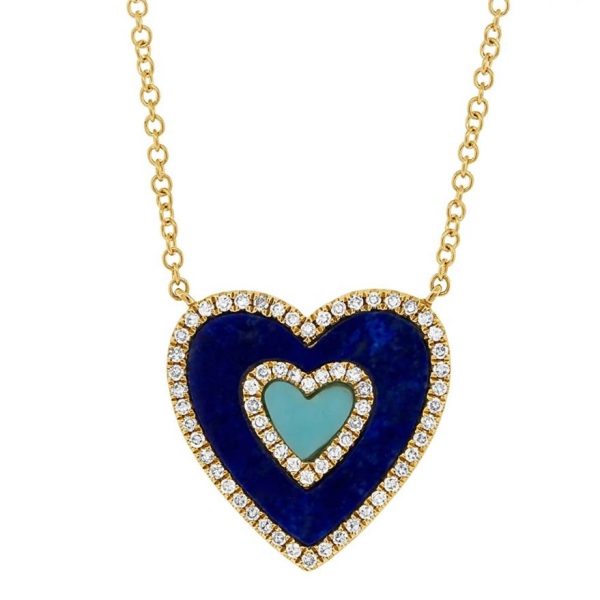 Lapis, Turquoise, and Diamond Heart Necklace by Shy Creation