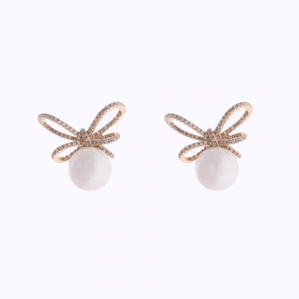 Pearl and Diamond Bow Earrings by Shy Creation