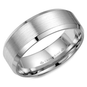A white gold men's wedding band with a satin center and high-polished beveled edges