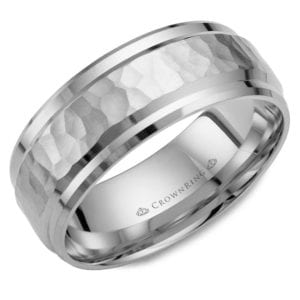 A white gold men's wedding band with a hammered-finish center and high-polished step down edges