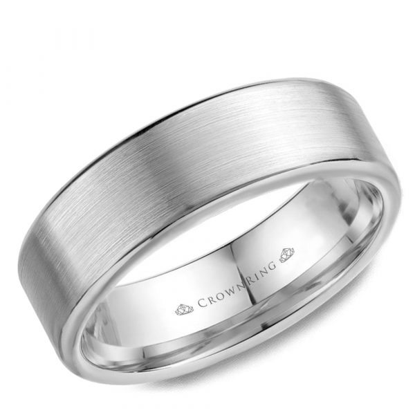 A white gold men's wedding band with a satin finish