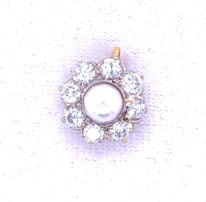 Estate Edwardian Pearl and Diamond Pendant in Platinum and Yellow Gold