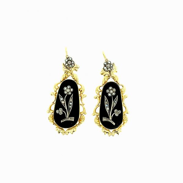 Estate Onyx Pearl and Diamond Earrings