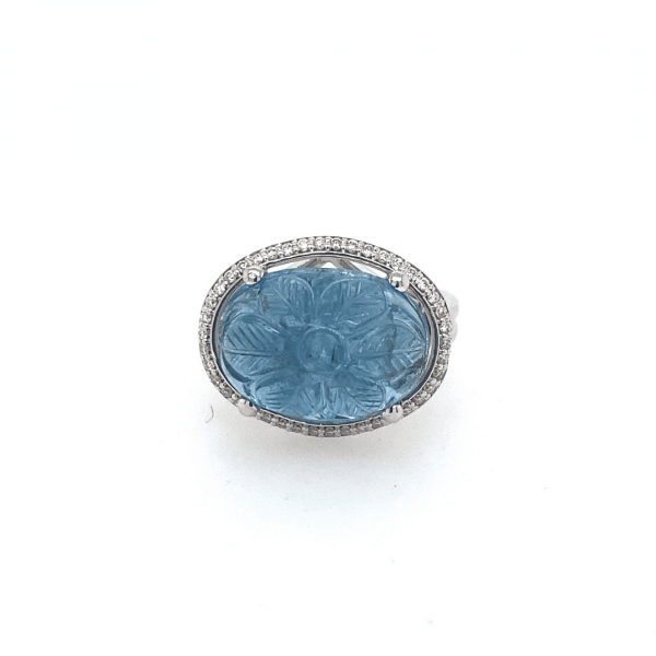 Carved Aquamarine and Diamond Ring