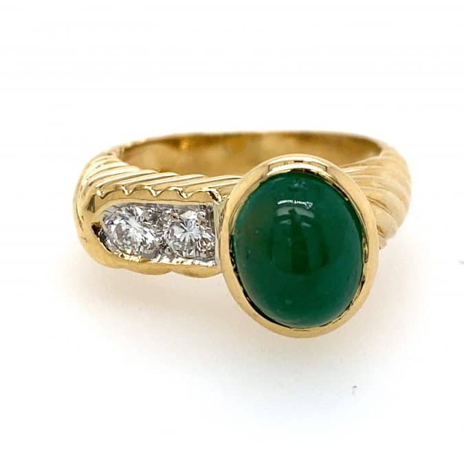 Estate Cabochon Emerald and Diamond Ring in Platinum and Gold