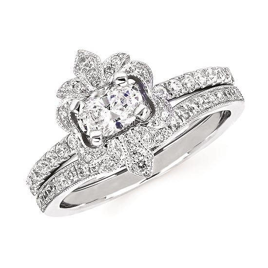 Fleur-De-Lis Halo Engagement Ring Setting with matching wedding band