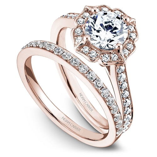 Floral Halo Engagement Mounting with matching wedding band by Noam Carver