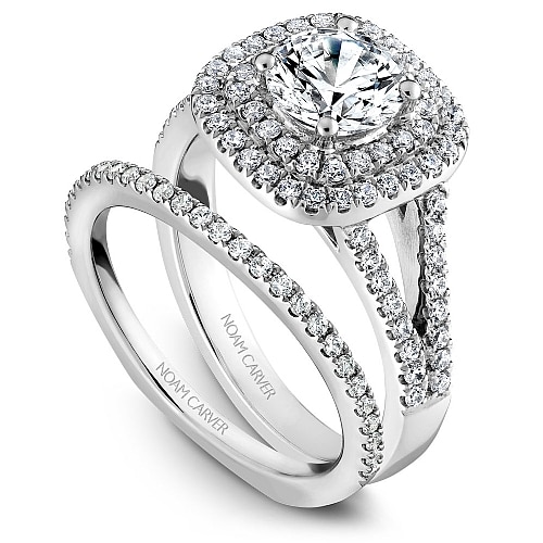 Double Cushion Halo Setting with matching wedding band by Noam Carver
