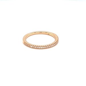 14 karat rose gold band set with twenty-eight round brilliant cut diamonds, approximately 0.15 carat total weight, with G/H color and VS/SI clarity.