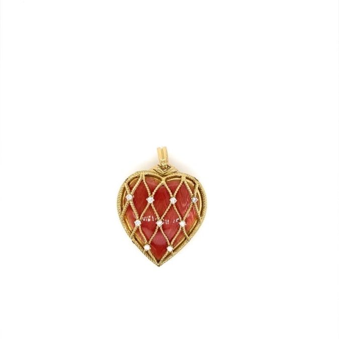 Estate Diamond and Pink Enamel Heart Locket in 18k Yellow Gold