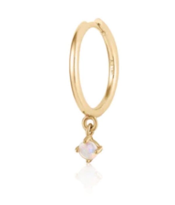 One pair of 14 karat yellow gold drop huggie hoop earrings with round cabochon opal drops