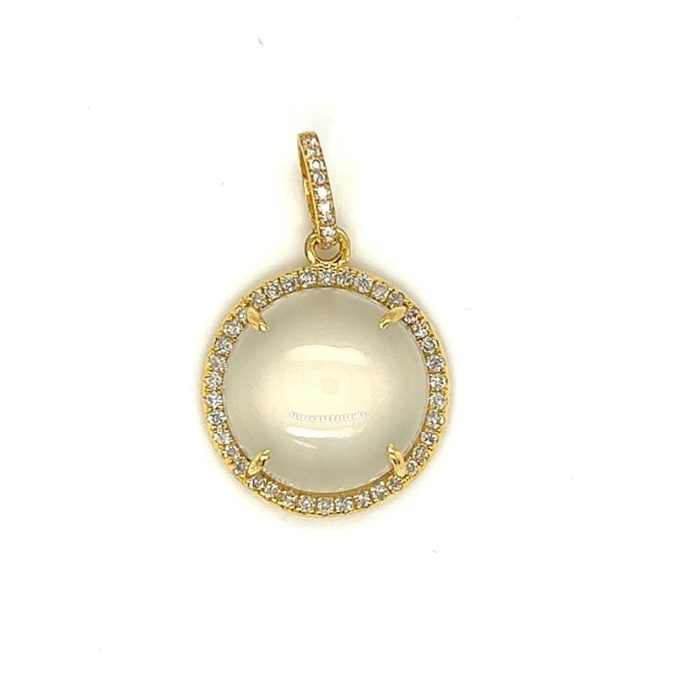 Round Moonstone and Diamond Halo Pendant in 14k Yellow Gold