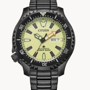 Citizen Promaster Dive Automatic men’s watch with a fully luminous yellow dial, 44mm black ion-plated stainless steel case and bracelet, and a black rotating bezel with an easy-grip aluminum ring. The watch features anti-reflective sapphire crystal, day/date display, and is water-resistant to 200 meters. The case back is engraved with a pufferfish design.
