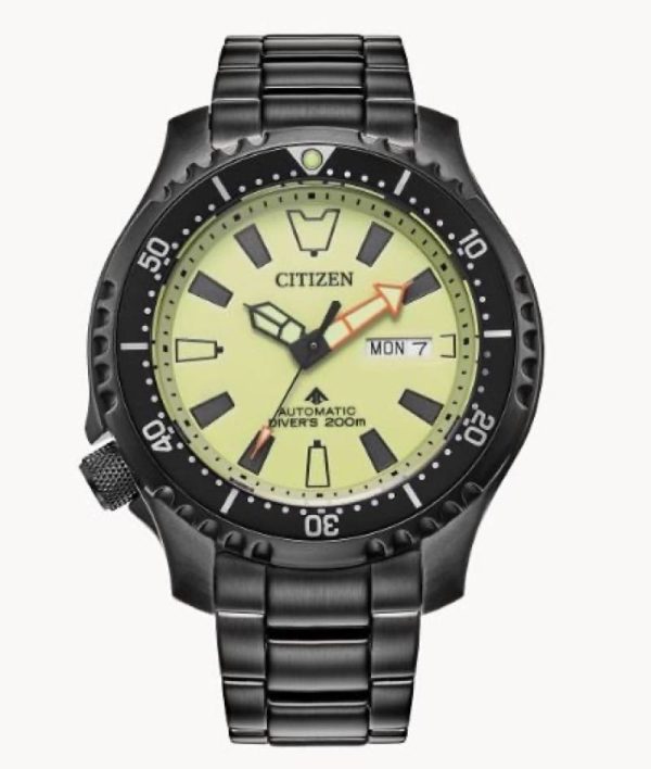 Citizen Promaster Dive Automatic men’s watch with a fully luminous yellow dial, 44mm black ion-plated stainless steel case and bracelet, and a black rotating bezel with an easy-grip aluminum ring. The watch features anti-reflective sapphire crystal, day/date display, and is water-resistant to 200 meters. The case back is engraved with a pufferfish design.