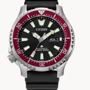 Citizen Promaster Dive Automatic men’s watch with a black dial, 44mm silver-tone stainless steel case, and black polyurethane strap. Features a red rotating bezel with an easy-grip aluminum ring, luminous hands and markers, and an engraved pufferfish design on the case back.