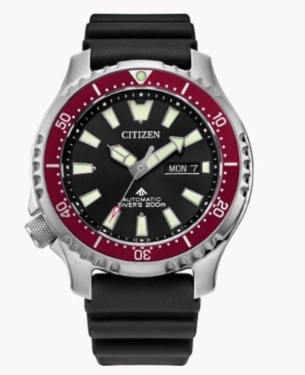 Citizen Promaster Dive Automatic men’s watch with a black dial, 44mm silver-tone stainless steel case, and black polyurethane strap. Features a red rotating bezel with an easy-grip aluminum ring, luminous hands and markers, and an engraved pufferfish design on the case back.