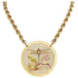 22 karat yellow gold leaf finish pendant necklace featuring an enamel image of Joris Hoefnagel’s "Dragonfly, Pear, Carnation, and Insect" with 1 Swarovski crystal accent. The disc pendant measures 2" diameter and is on a 17-20" rope chain necklace. The pendant is made by hand and finished to a rich patina.