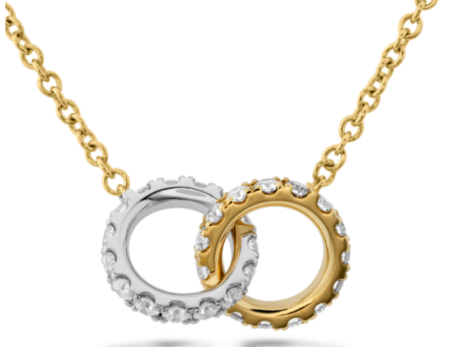 Diamond Interlocking Circles Necklace in Platinum and 18k Yellow Gold by Hearts On Fire