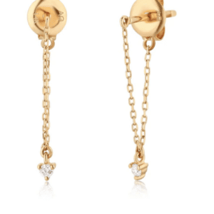 A pair of 14 karat yellow gold chain drop earrings by Aurelie Gi each with round diamond on a chain drop measuring 16.5mm long
