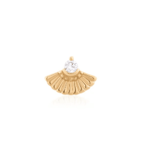 A single 14 karat yellow gold fan-shaped stud earring with a round diamond weighing 0.0125 carat