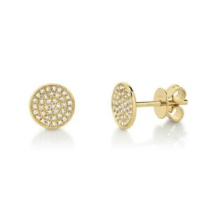 One pair of 14 karat yellow gold disc stud earrings featuring single-cut diamonds weighing 0.17ctw with I-J color and I1 clarity in pave settings. The earrings are secured with friction posts and backs.