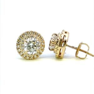 One pair 14 karat yellow gold stud earrings with 1.40 carats of lab-grown diamonds in a halo design
