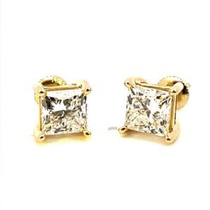 One pair of 14 karat yellow gold stud earrings with 2 lab-grown princess-cut diamonds weighing 4.12 carats total weight in four-prong settings.