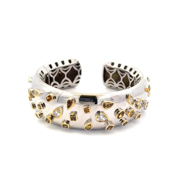 Multi-Color Diamond Wide Cuff Bracelet in 18k White and Yellow Gold