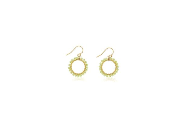 One pair of gold-filled front hoop earrings containing round peridot beads wire-wrapped to outline each hoop