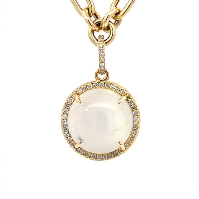 Moonstone and Diamond Halo Pendant Necklace in 14k Yellow Gold