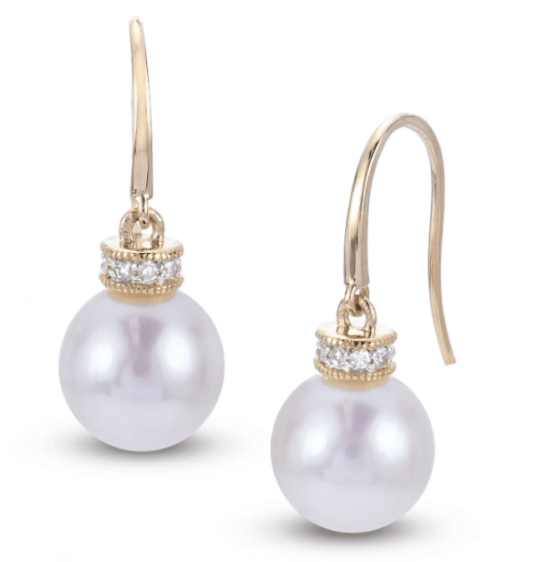 Freshwater Pearl and Diamond Drop Earrings in 14k Yellow Gold